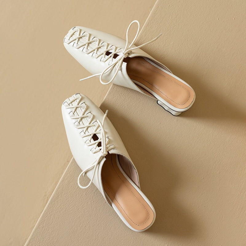 Chic Lace Up Mules for Women Elegant Covered Toe Leather Slippers in Apricot/Beige