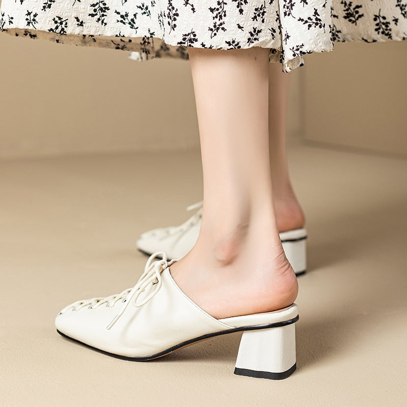 Chic Lace Up Mules for Women Elegant Covered Toe Leather Slippers in Apricot/Beige