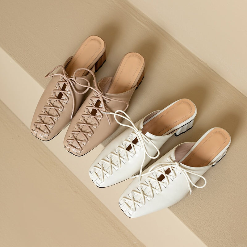 Chic Lace Up Mules for Women Elegant Covered Toe Leather Slippers in Apricot/Beige