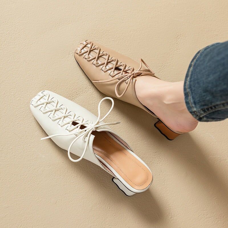 Chic Lace Up Mules for Women Elegant Covered Toe Leather Slippers in Apricot/Beige