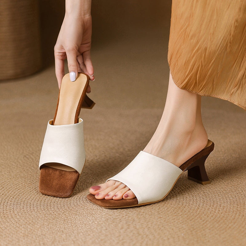 Chic Leather Peep Toe Kitten Heel Slippers 60mm Mules for Women in Black/Beige