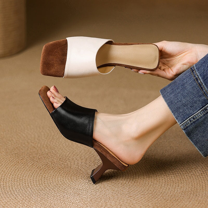 Chic Leather Peep Toe Kitten Heel Slippers 60mm Mules for Women in Black/Beige