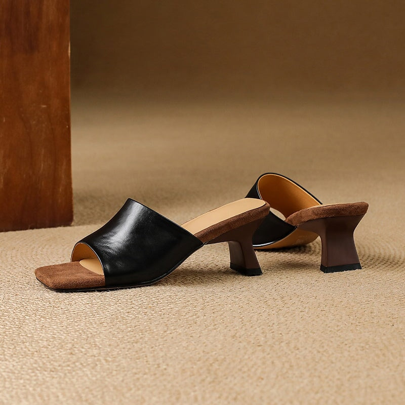 Chic Leather Peep Toe Kitten Heel Slippers 60mm Mules for Women in Black/Beige