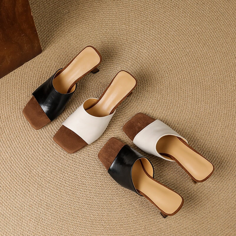 Chic Leather Peep Toe Kitten Heel Slippers 60mm Mules for Women in Black/Beige