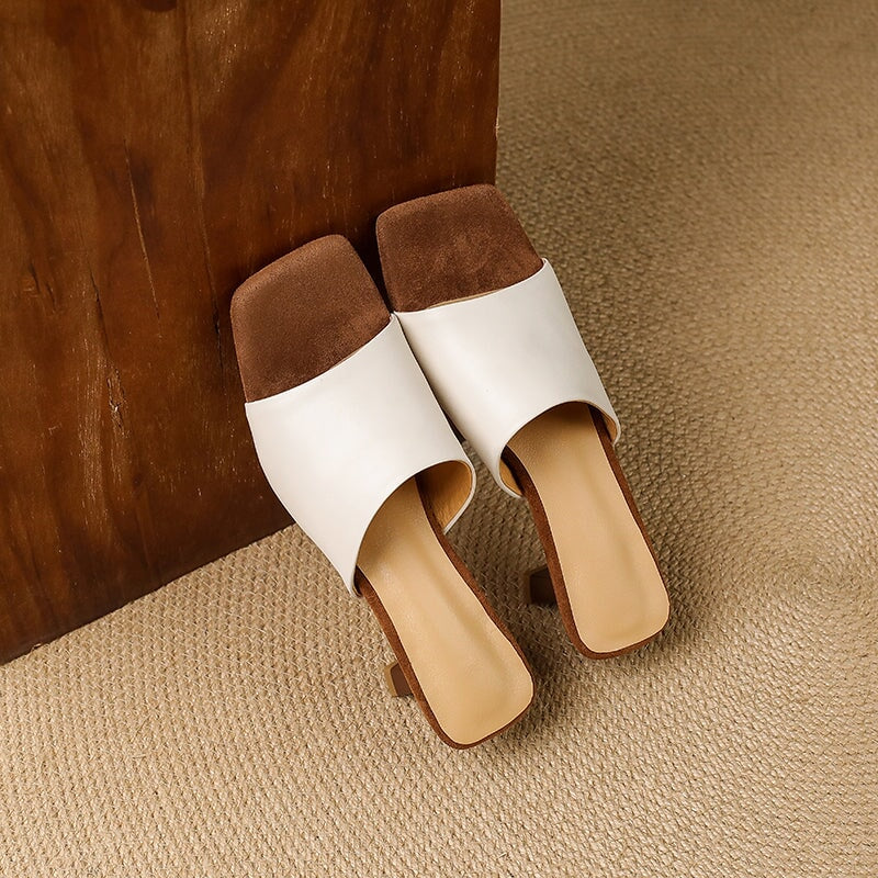 Chic Leather Peep Toe Kitten Heel Slippers 60mm Mules for Women in Black/Beige