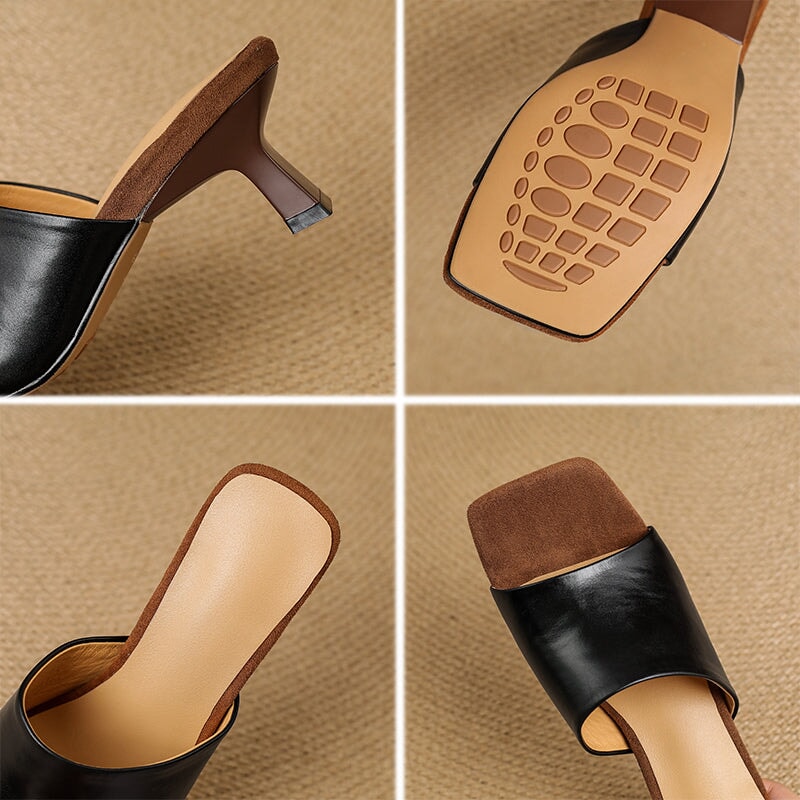 Chic Leather Peep Toe Kitten Heel Slippers 60mm Mules for Women in Black/Beige