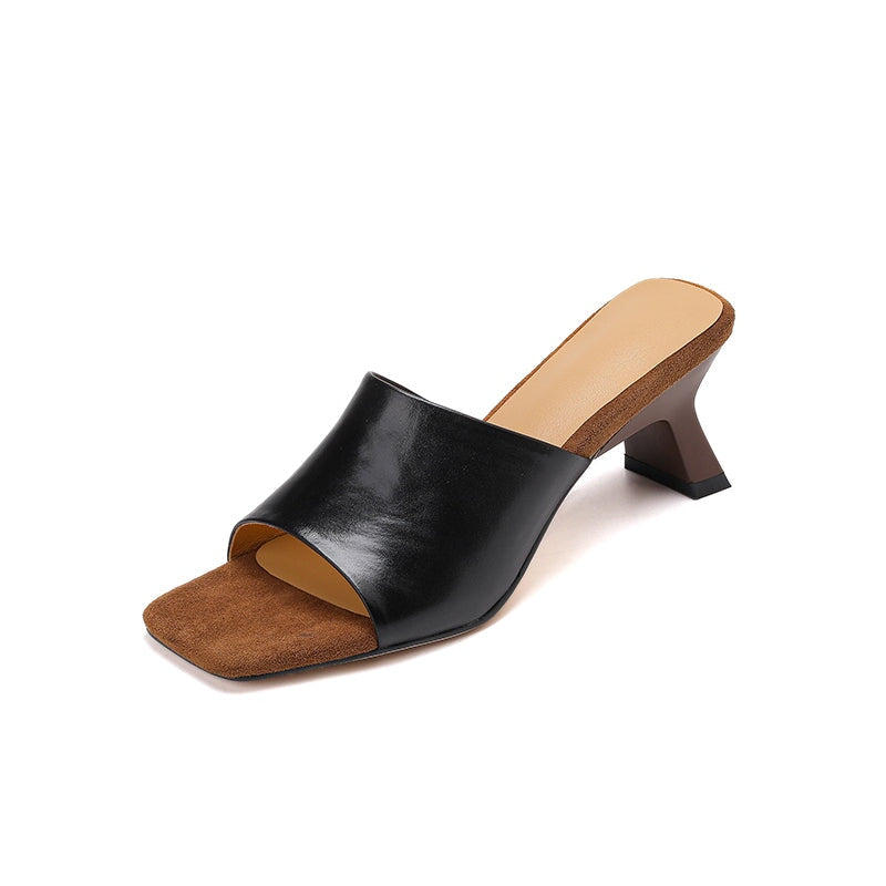 Chic Leather Peep Toe Kitten Heel Slippers 60mm Mules for Women in Black/Beige