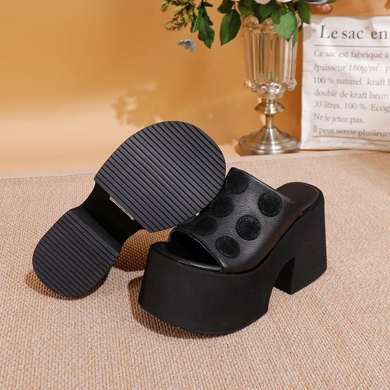 Chunky 110mm Platform Open-Toe Leather Slippers with Polka Dot Design in Black/Red