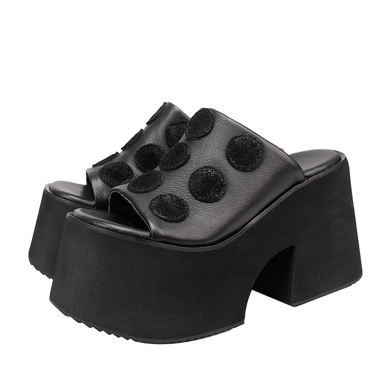 Chunky 110mm Platform Open-Toe Leather Slippers with Polka Dot Design in Black/Red