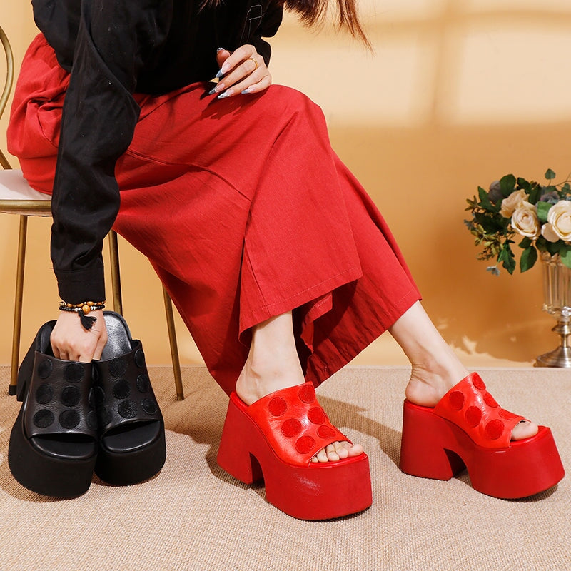 Chunky 110mm Platform Open-Toe Leather Slippers with Polka Dot Design in Black/Red