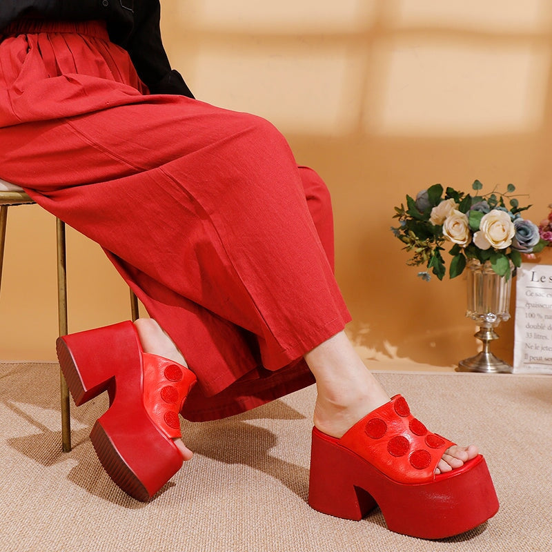 Chunky 110mm Platform Open-Toe Leather Slippers with Polka Dot Design in Black/Red