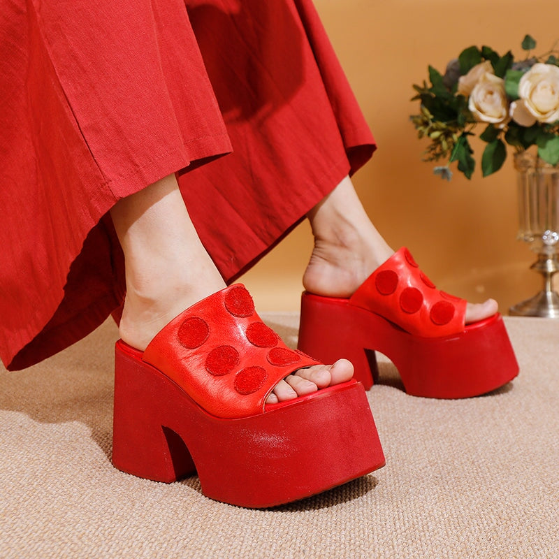 Chunky 110mm Platform Open-Toe Leather Slippers with Polka Dot Design in Black/Red
