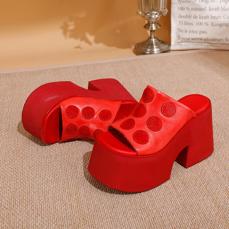 Chunky 110mm Platform Open-Toe Leather Slippers with Polka Dot Design in Black/Red