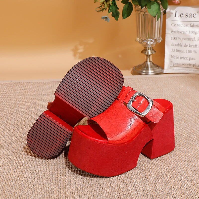 Chunky Buckle Leather Platform Slippers 110mm Open Toe Block Heel Slides for Women in Black/Red