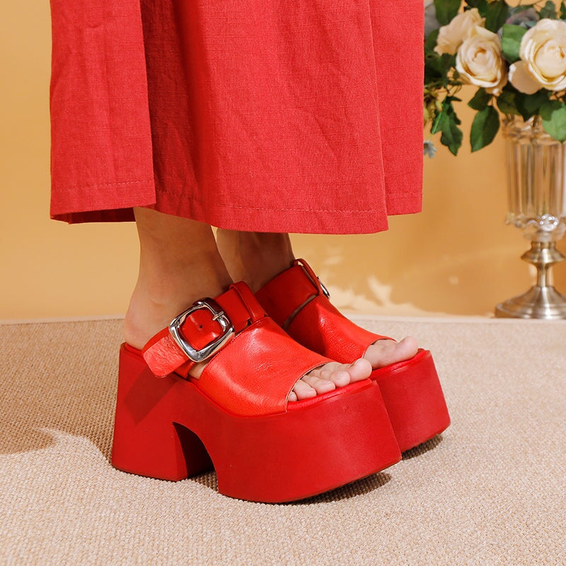 Chunky Buckle Leather Platform Slippers 110mm Open Toe Block Heel Slides for Women in Black/Red