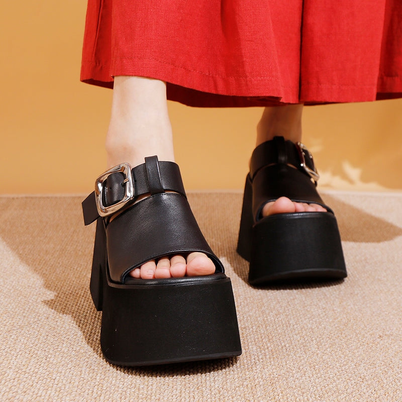 Chunky Buckle Leather Platform Slippers 110mm Open Toe Block Heel Slides for Women in Black/Red