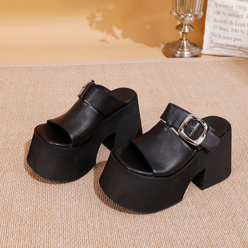 Chunky Buckle Leather Platform Slippers 110mm Open Toe Block Heel Slides for Women in Black/Red