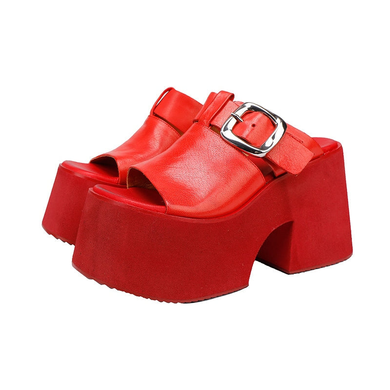 Chunky Buckle Leather Platform Slippers 110mm Open Toe Block Heel Slides for Women in Black/Red