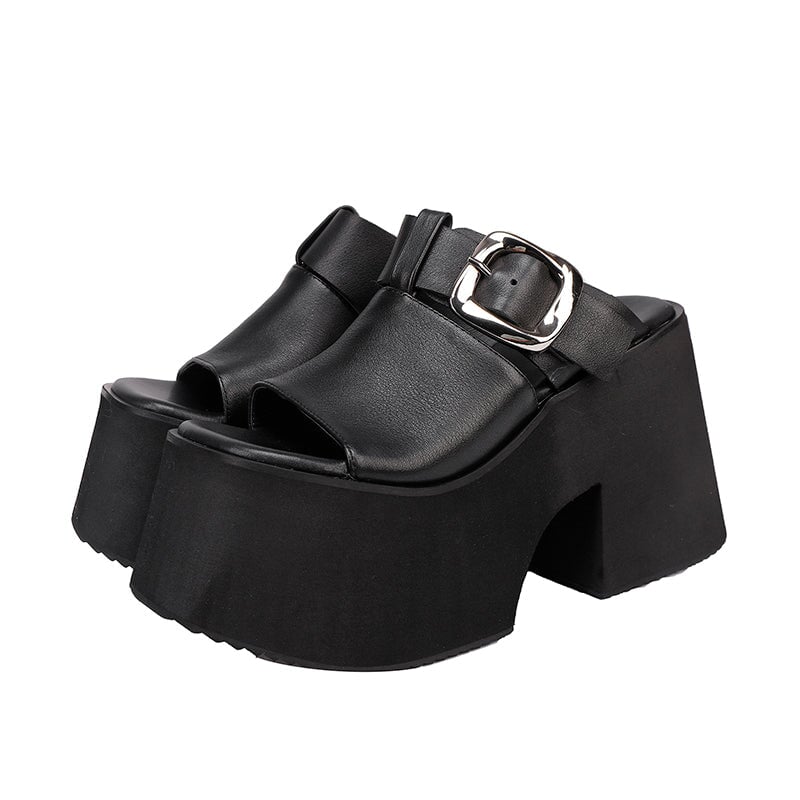 Chunky Buckle Leather Platform Slippers 110mm Open Toe Block Heel Slides for Women in Black/Red