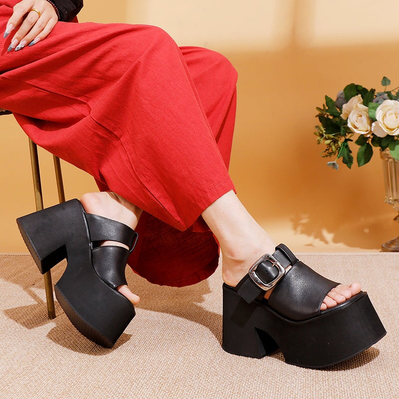 Chunky Buckle Leather Platform Slippers 110mm Open Toe Block Heel Slides for Women in Black/Red
