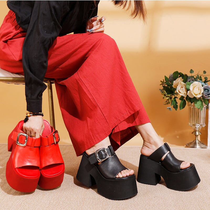 Chunky Buckle Leather Platform Slippers 110mm Open Toe Block Heel Slides for Women in Black/Red