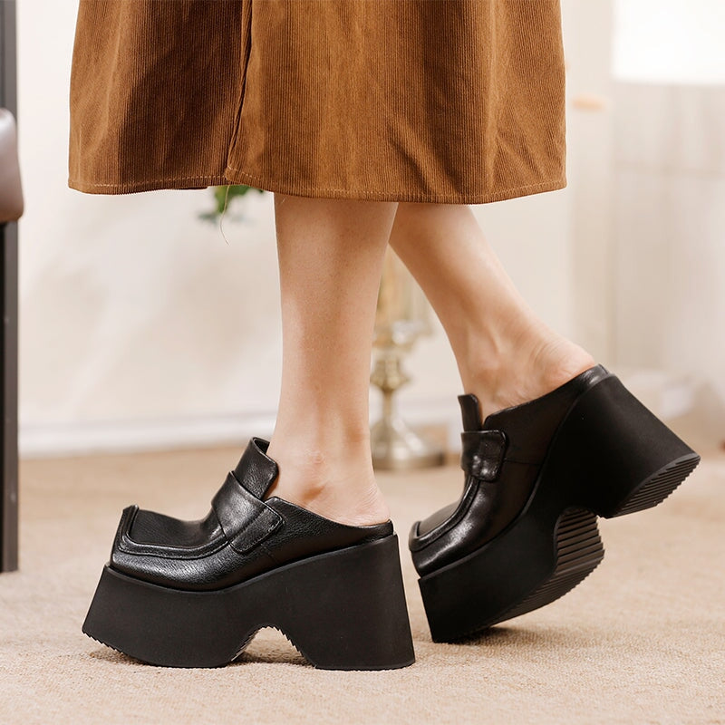 Chunky Square Toe Platform Backless Penny Loafers Bold Slip-On Mules in Black/Brown
