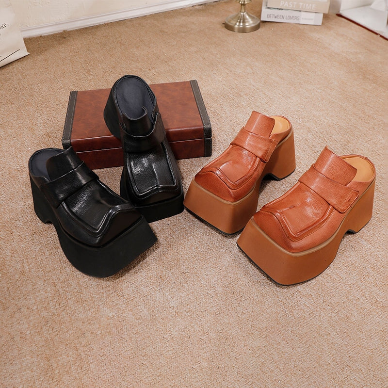 Chunky Square Toe Platform Backless Penny Loafers Bold Slip-On Mules in Black/Brown