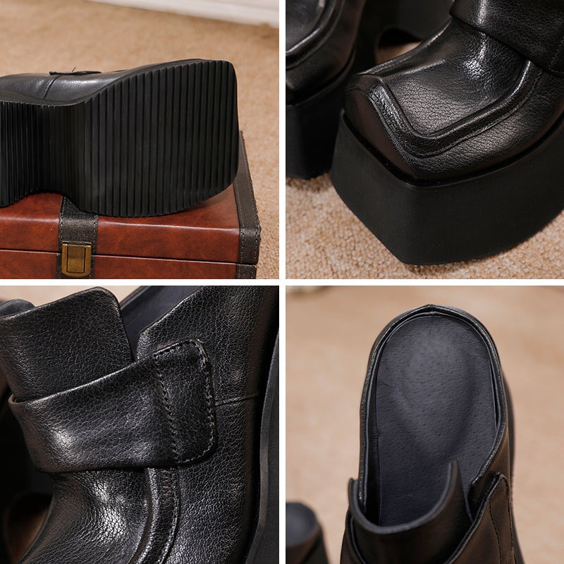 Chunky Square Toe Platform Backless Penny Loafers Bold Slip-On Mules in Black/Brown