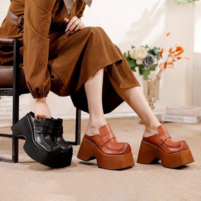 Chunky Square Toe Platform Backless Penny Loafers Bold Slip-On Mules in Black/Brown