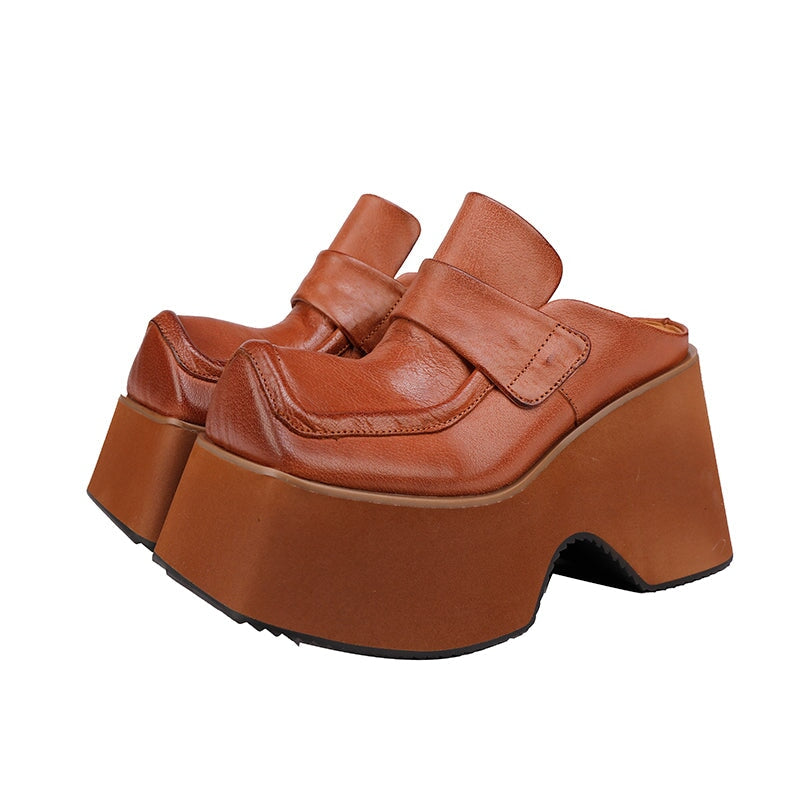 Chunky Square Toe Platform Backless Penny Loafers Bold Slip-On Mules in Black/Brown