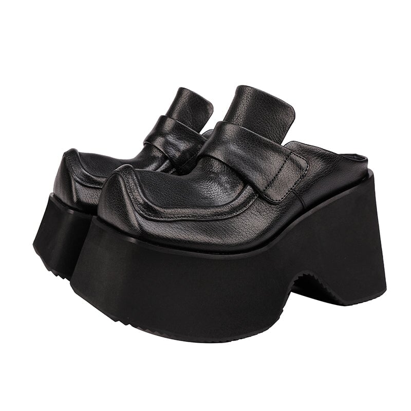 Chunky Square Toe Platform Backless Penny Loafers Bold Slip-On Mules in Black/Brown