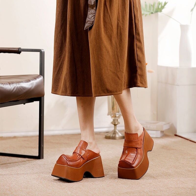 Chunky Square Toe Platform Backless Penny Loafers Bold Slip-On Mules in Black/Brown