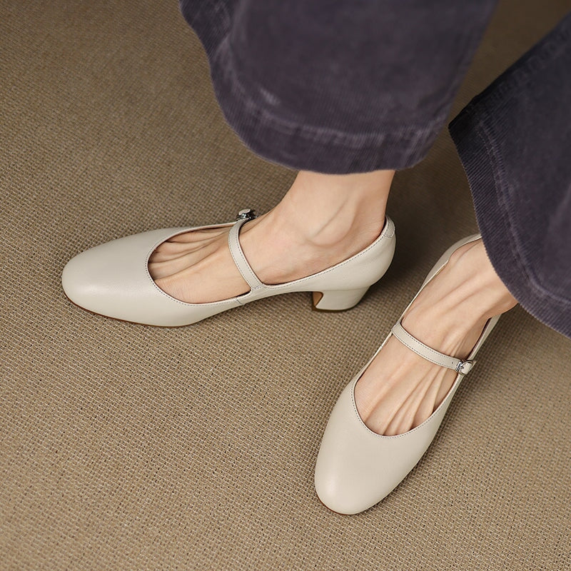 Classic 50mm Block Heel Leather Mary Jane Pumps for Everyday Wear in Red/Beige/Khaki/Black