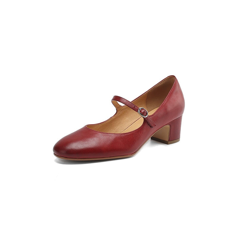 Classic 50mm Block Heel Leather Mary Jane Pumps for Everyday Wear in Red/Beige/Khaki/Black