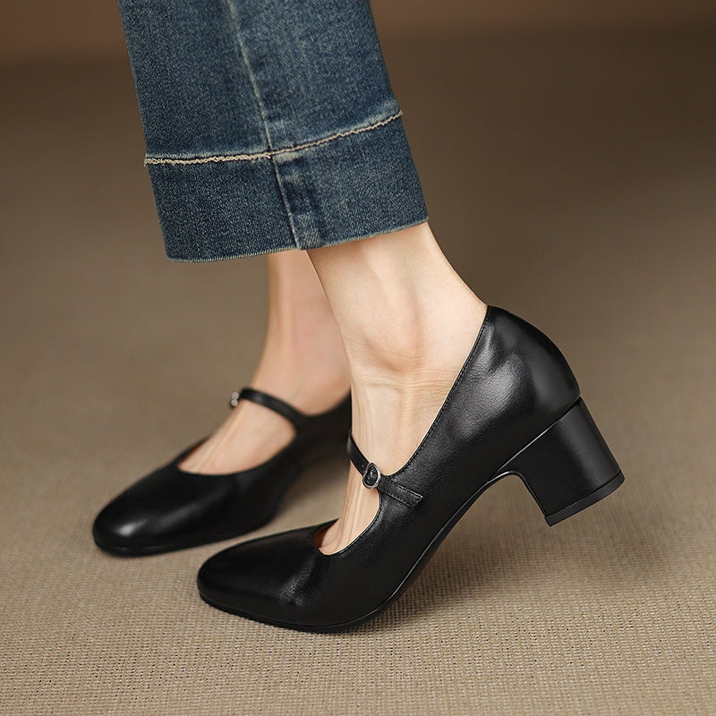 Classic 50mm Block Heel Leather Mary Jane Pumps for Everyday Wear in Red/Beige/Khaki/Black