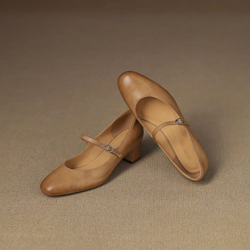 Classic 50mm Block Heel Leather Mary Jane Pumps for Everyday Wear in Red/Beige/Khaki/Black