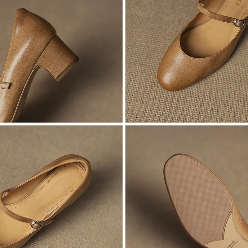 Classic 50mm Block Heel Leather Mary Jane Pumps for Everyday Wear in Red/Beige/Khaki/Black