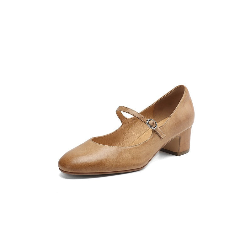 Classic 50mm Block Heel Leather Mary Jane Pumps for Everyday Wear in Red/Beige/Khaki/Black
