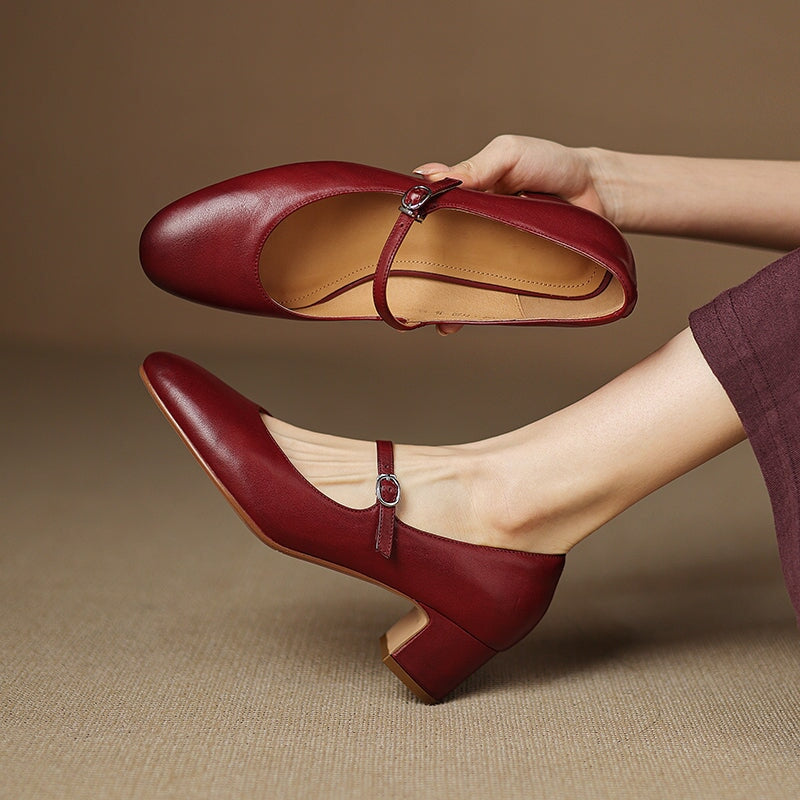 Classic 50mm Block Heel Leather Mary Jane Pumps for Everyday Wear in Red/Beige/Khaki/Black