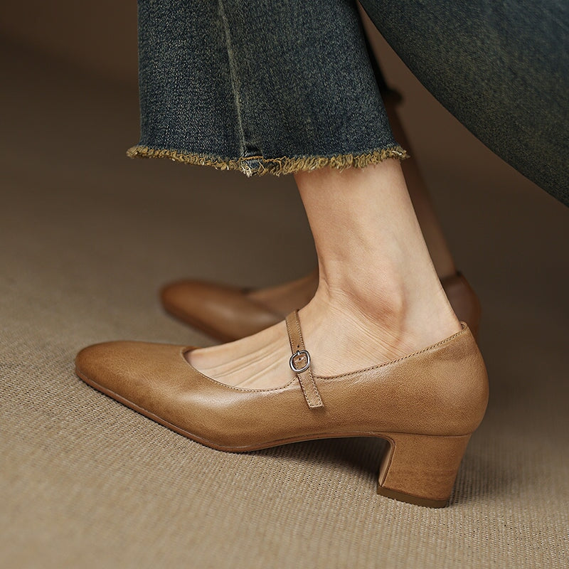 Classic 50mm Block Heel Leather Mary Jane Pumps for Everyday Wear in Red/Beige/Khaki/Black