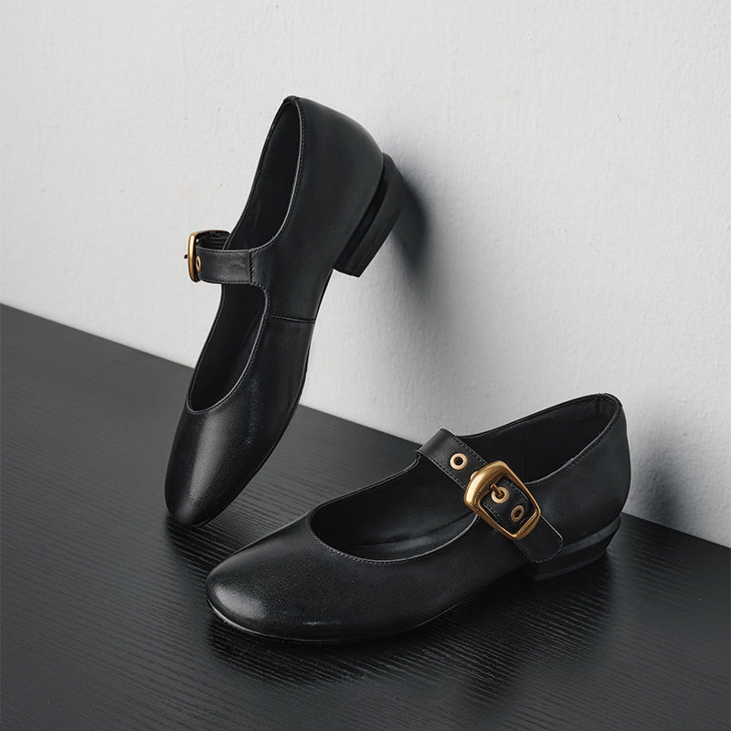 Classic Handmade Cowhide Buckle Mary Jane Shoes in Black/Wine Red