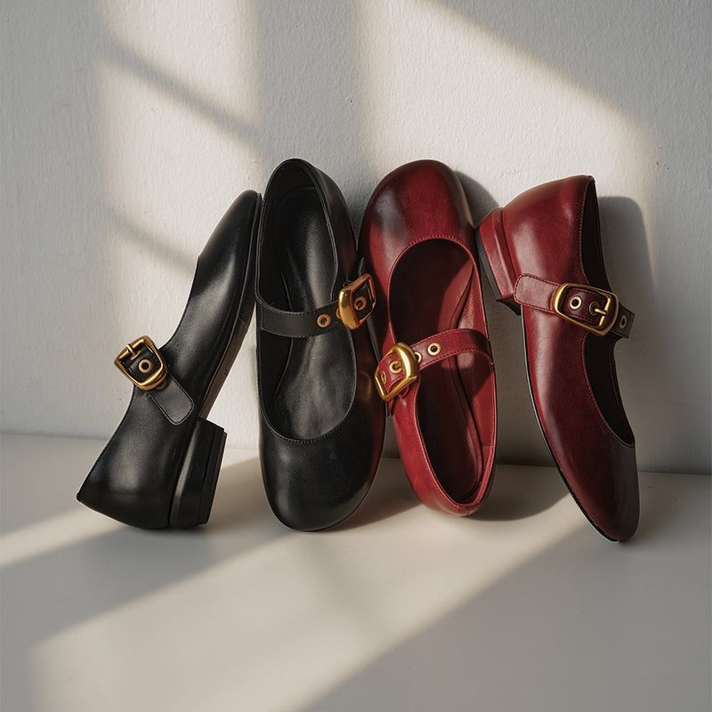 Classic Handmade Cowhide Buckle Mary Jane Shoes in Black/Wine Red