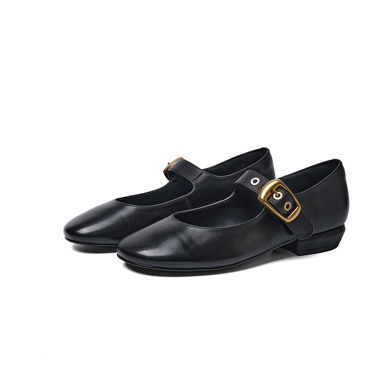 Classic Handmade Cowhide Buckle Mary Jane Shoes in Black/Wine Red