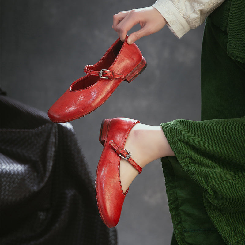 Classic Handmade Horse Leather Mary Jane Shoes for Women in Red/Amber