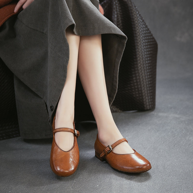 Classic Handmade Horse Leather Mary Jane Shoes for Women in Red/Amber