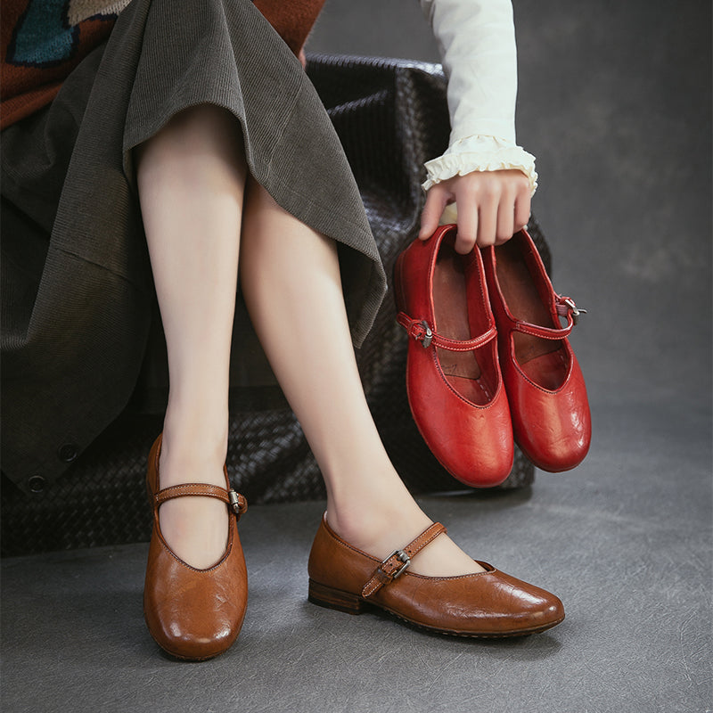 Classic Handmade Horse Leather Mary Jane Shoes for Women in Red/Amber