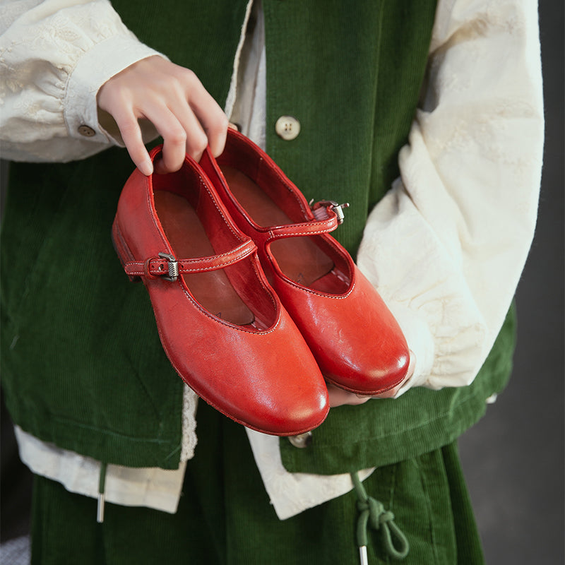 Classic Handmade Horse Leather Mary Jane Shoes for Women in Red/Amber