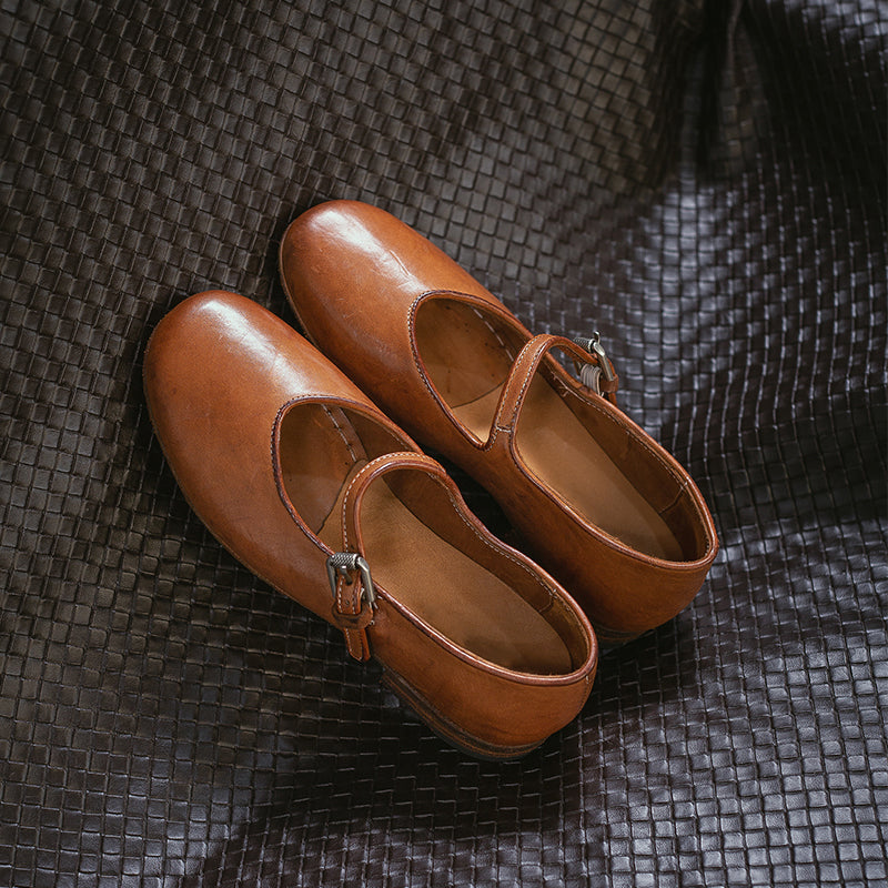Classic Handmade Horse Leather Mary Jane Shoes for Women in Red/Amber