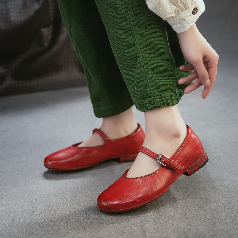 Classic Handmade Horse Leather Mary Jane Shoes for Women in Red/Amber