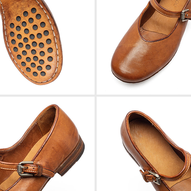 Classic Handmade Horse Leather Mary Jane Shoes for Women in Red/Amber